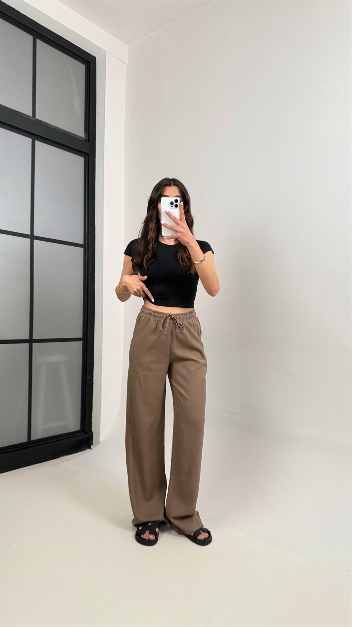 Kahve Beli Lastikli Muadil Keten Pantolon Gaus00346
