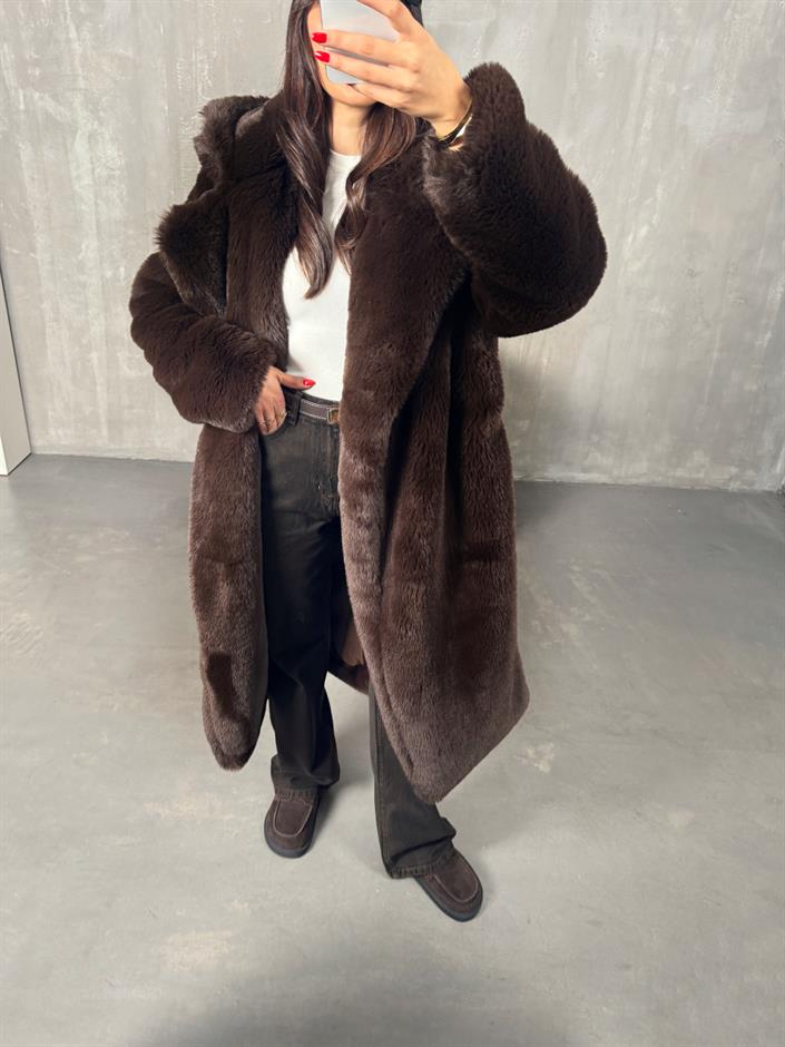 Wody Acı Kahve Astarlı Premium Kürk Kaban 