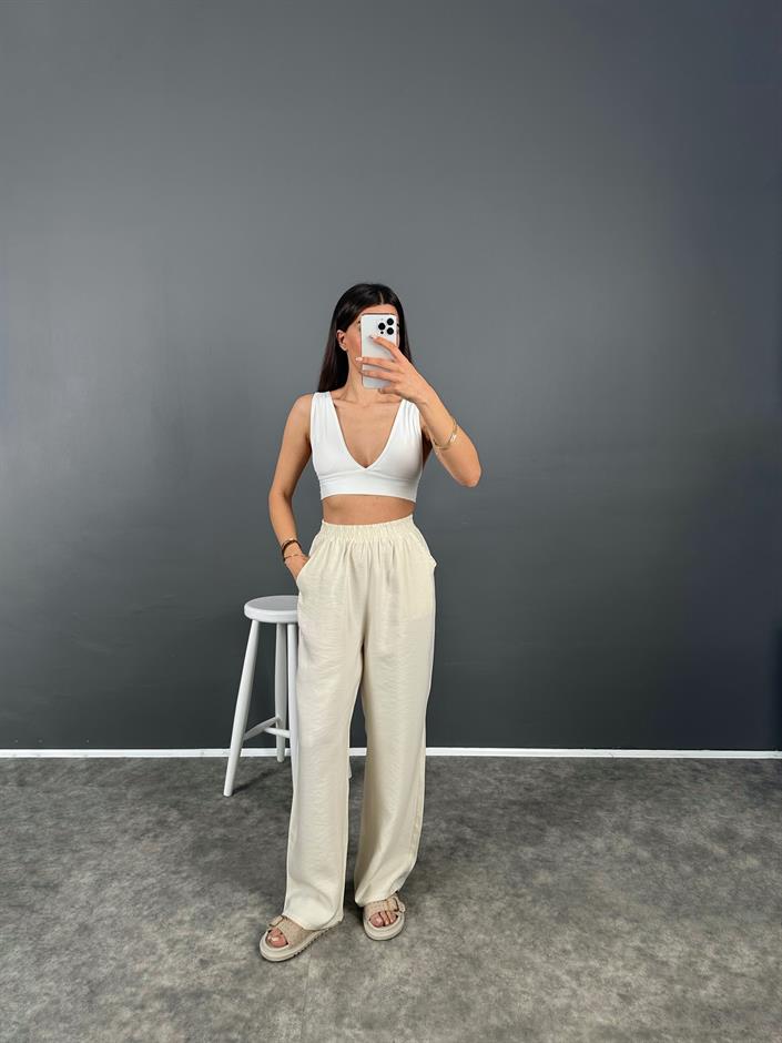Allda Ekru İthal Kumaş Beli Lastikli Pantolon 