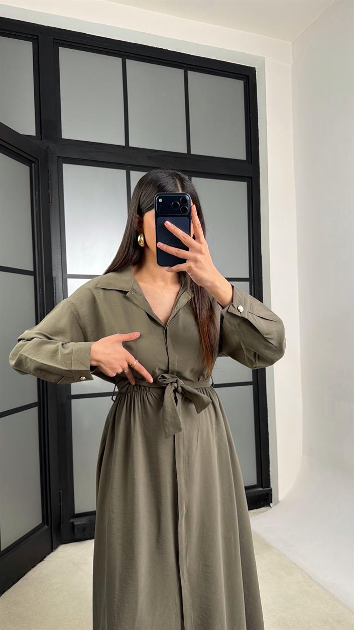 Haki Beli Lastikli Kuşaklı Tencel Elbise GAUS-01286