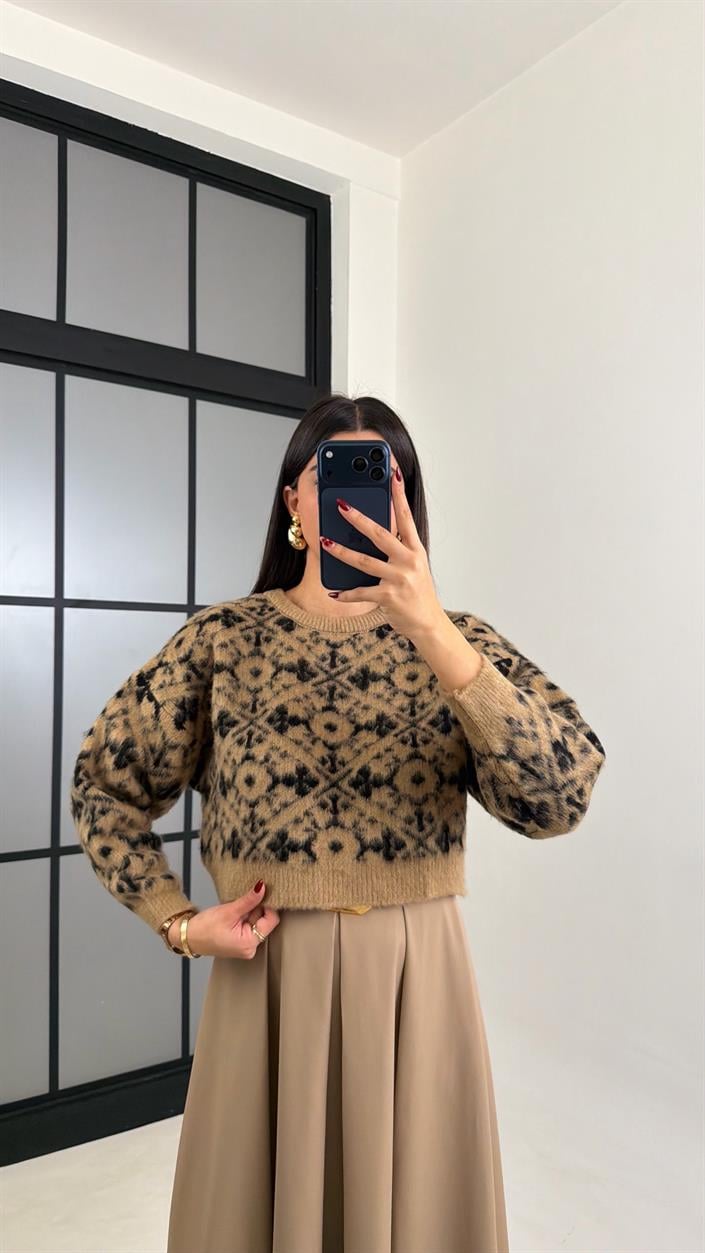 Camel Desenli Muadil Crop Kazak GAUS-00756