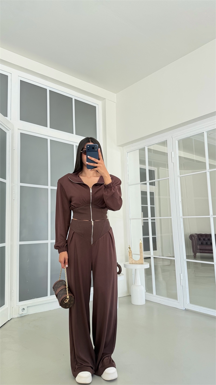 Kahve Vatkalı Hırka Fermuar Detaylı Pantolon İkili Takım GAUS-02098