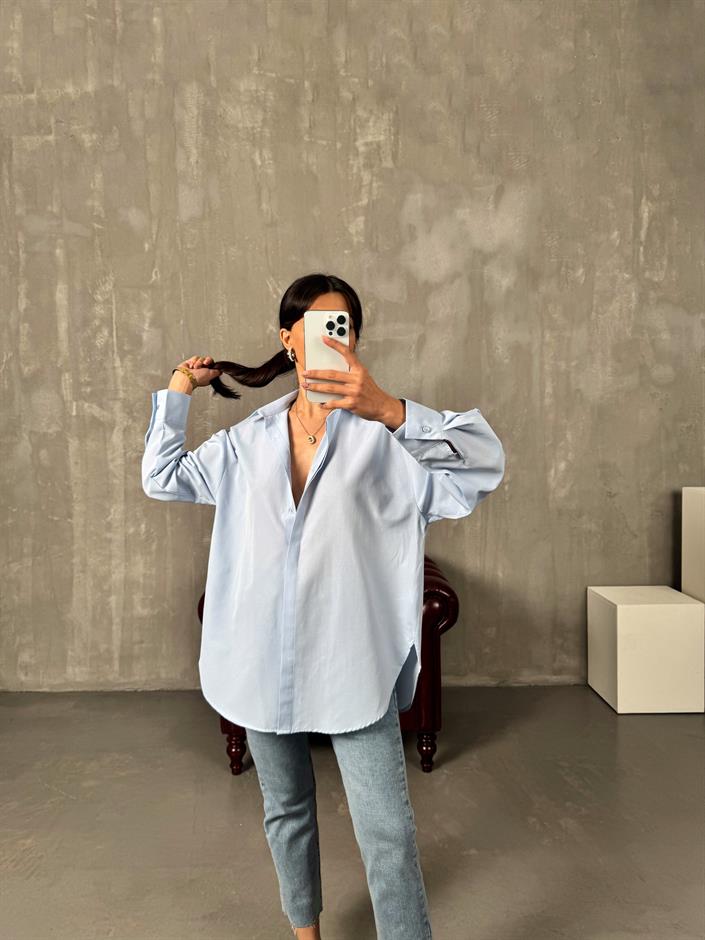 Rese Mavi Basic Gizli Düğmeli Oversize Gömlek