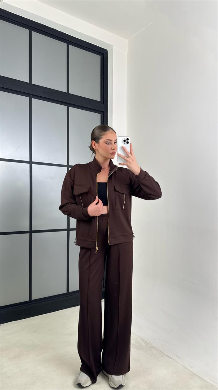 Acı Kahve Cep Detaylı Hırka Beli Lastikli Pantolon Modal Takım GAUS-00620