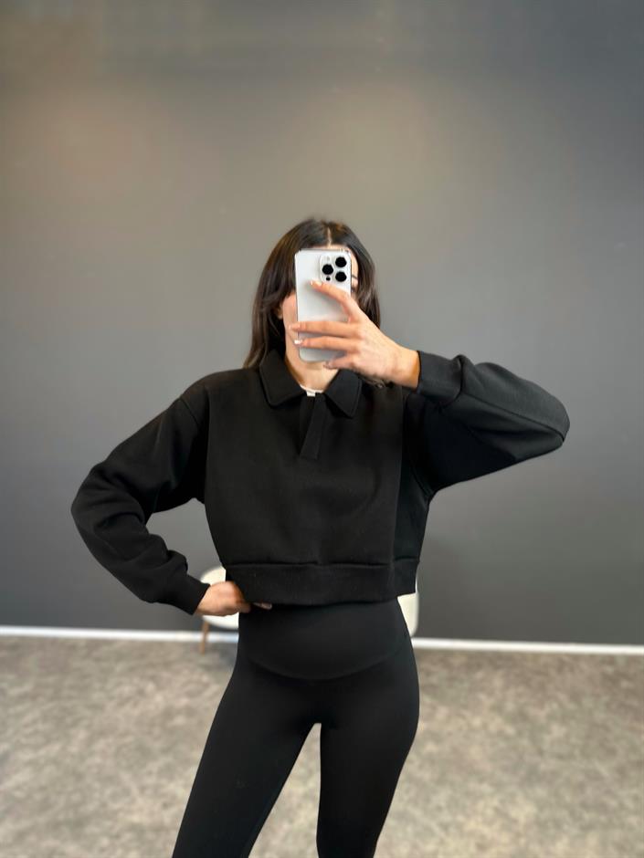 Siyah Polo Yaka Şardonlu Sweatshirt 