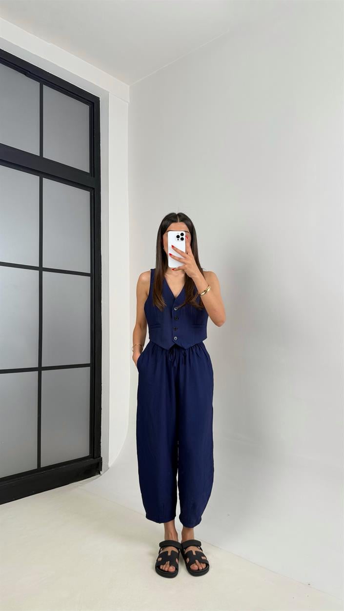 Lacivert Astarlı Yelek Balon Pantolon Çilek Kumaş Takım Gaus00501