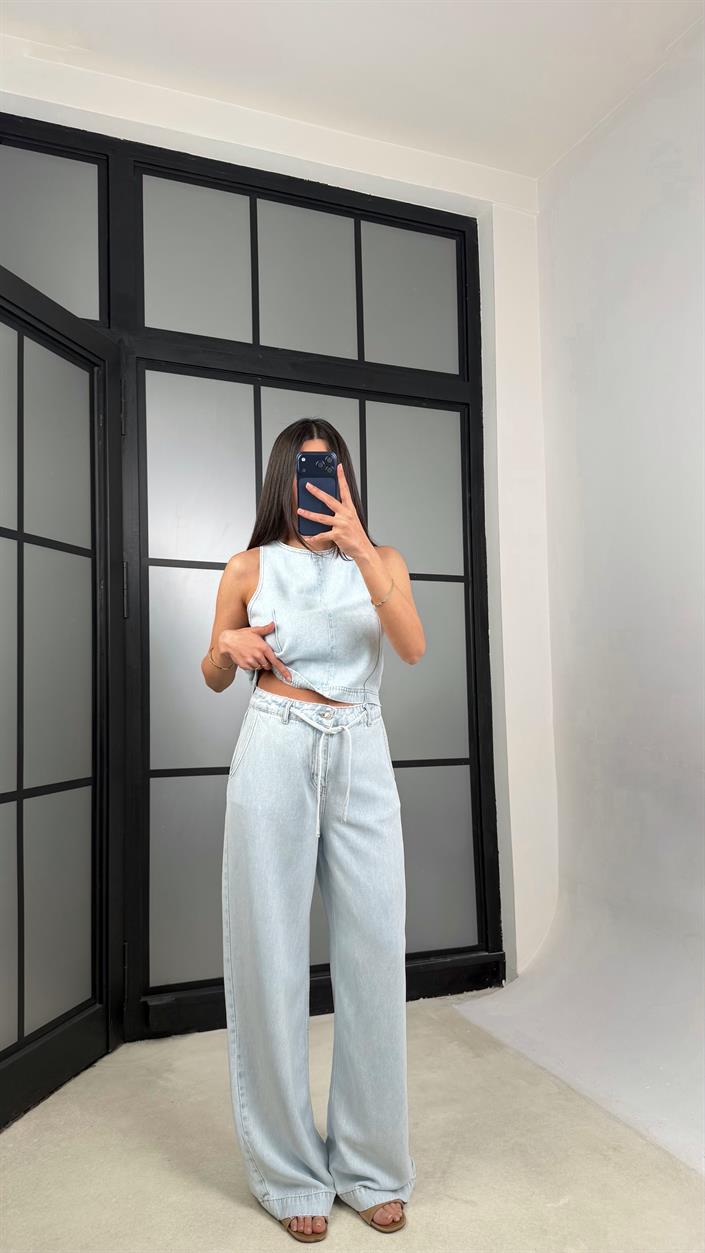 Buz Mavi Fermuarlı Bluz Beli Kuşaklı Pantolon İkili Denim Takım GAUS-01380 GAUS-01379