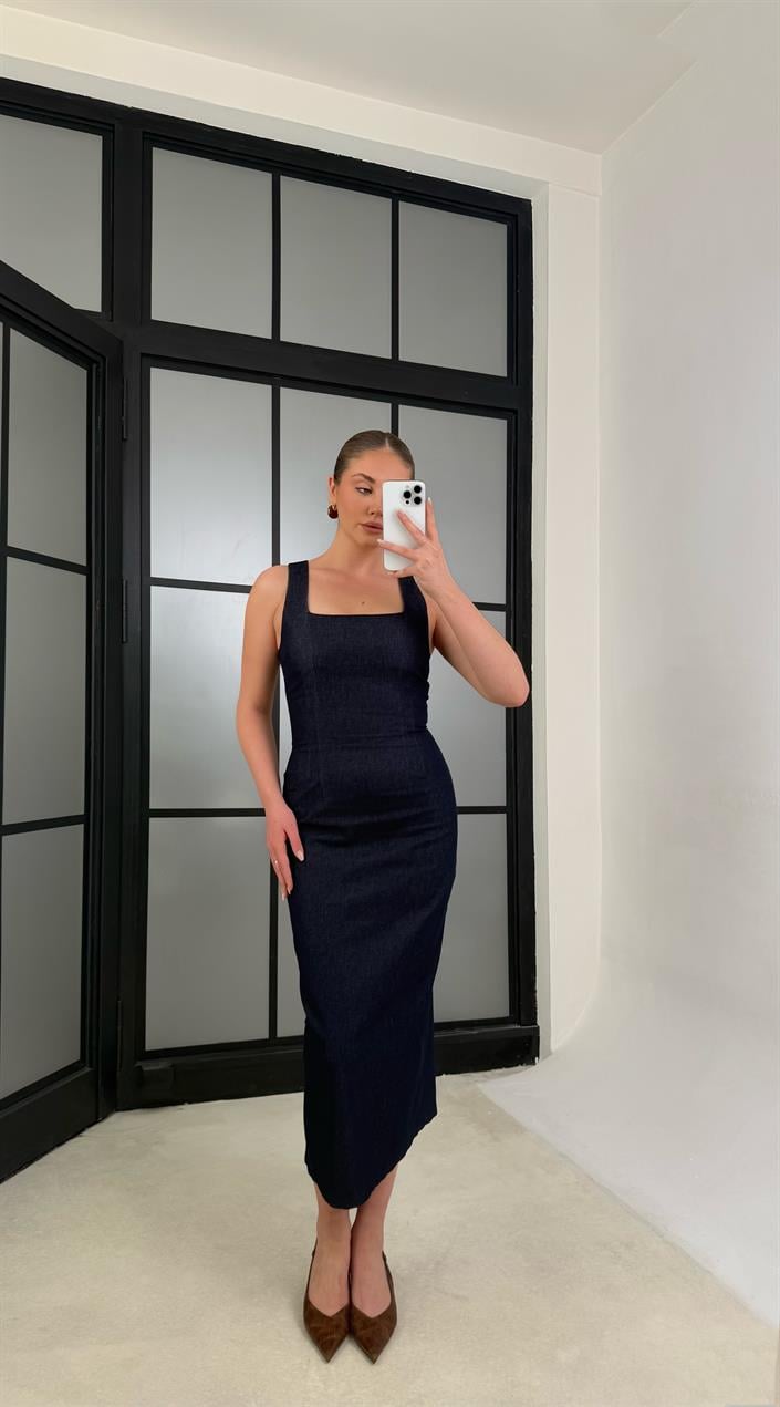 Lacivert Arkadan Yırtmaçlı Fermuarlı Premıum Denim Elbise GAUS-01199