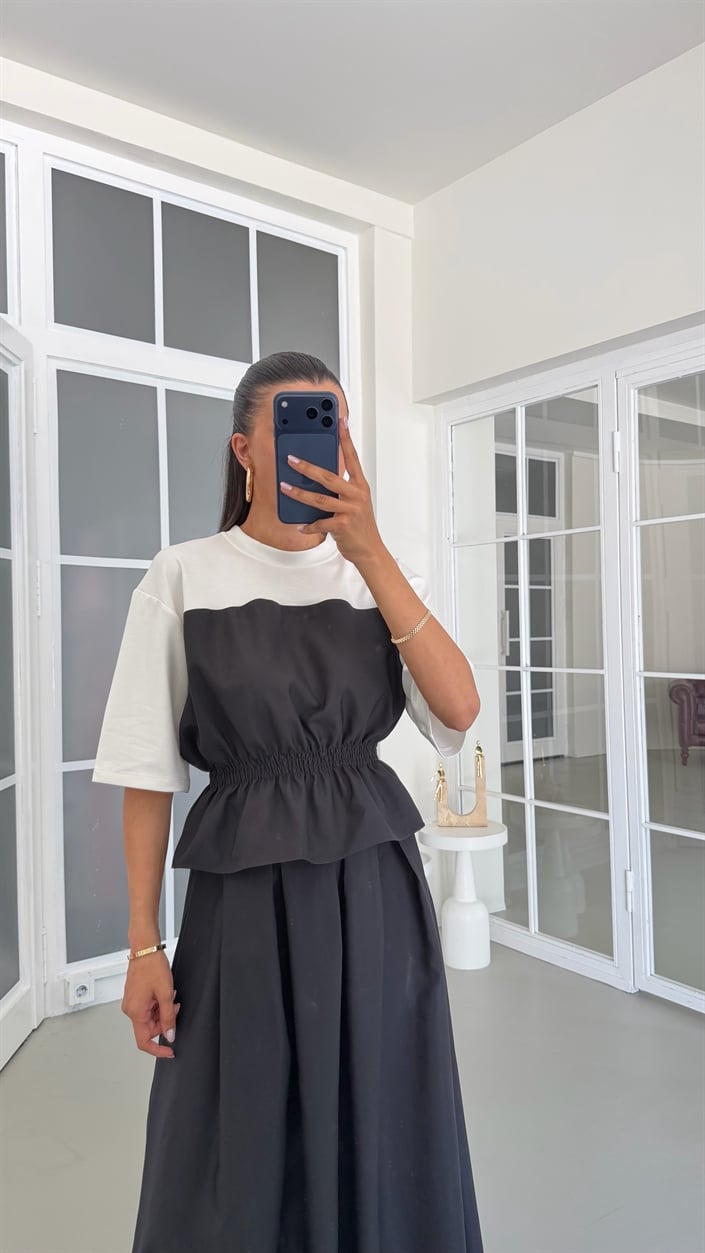 Siyah TWST Model Beli Lastikli Bluz Etek İkili Takım GAUS-01768