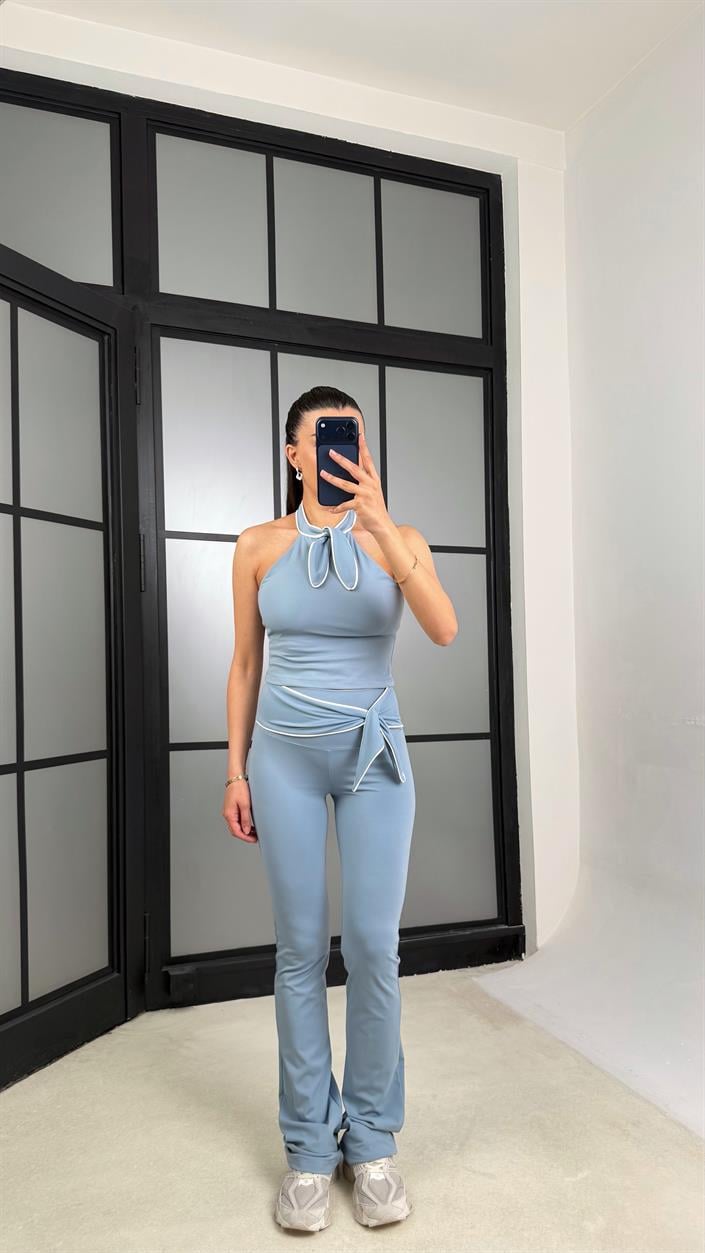 Mavi OYS Model Fiyonk Detaylı Crop Tayt Takım GAUS-01407