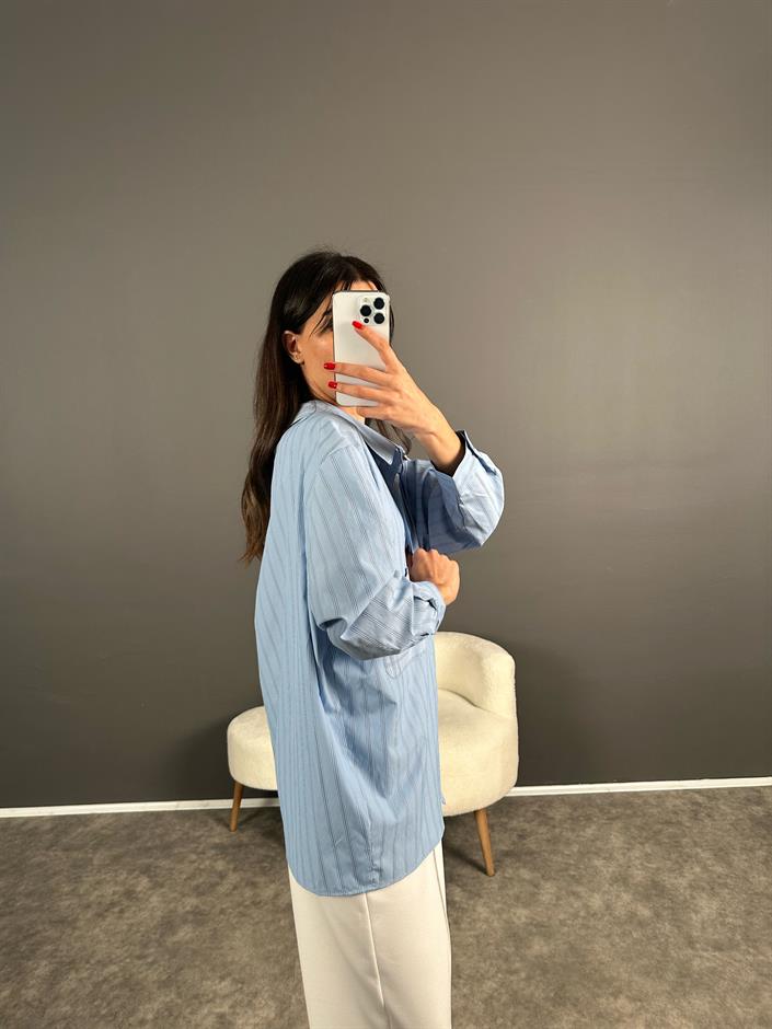 Megass Mavi Çizgili Oversize Gömlek