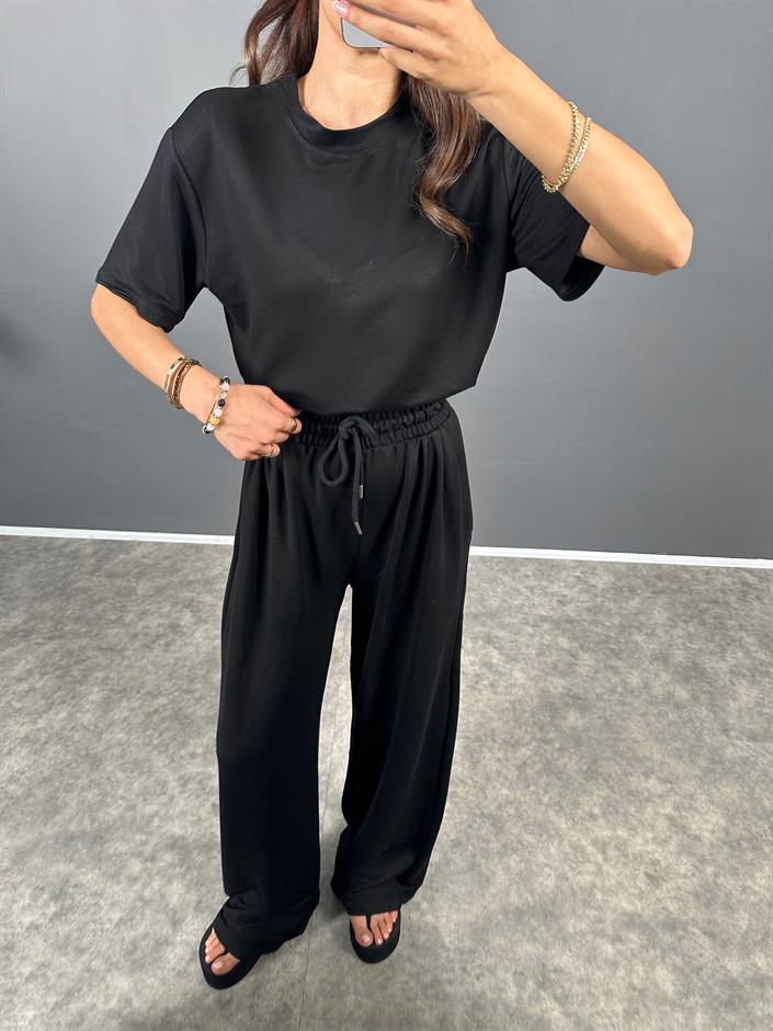Nore Siyah Modal Kumaş Rahat Dokuma Kısa Kol Tshirt Pantolon Takım