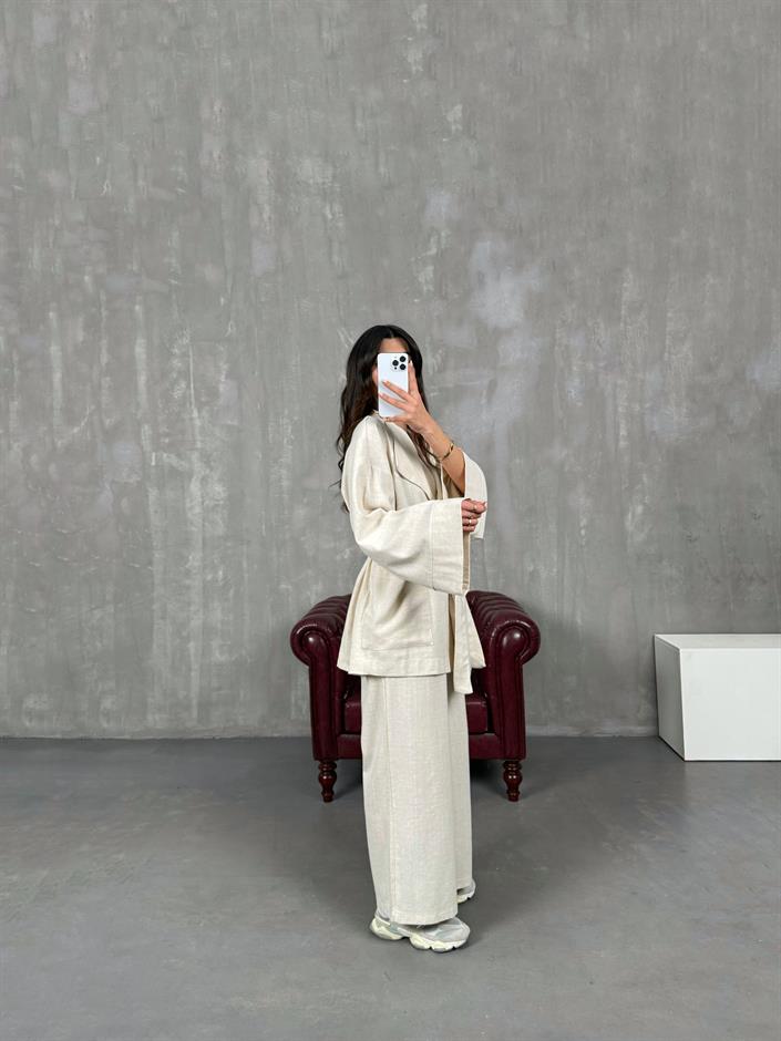 Sansa Taş Kuşaklı Keten Kimono Takım