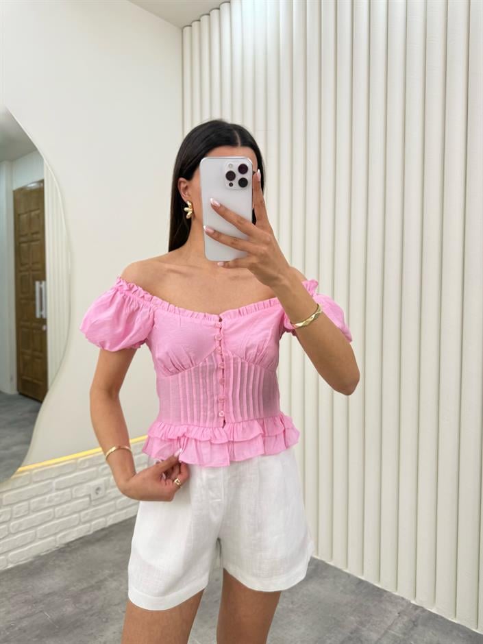 Pembe Balon Kol Önü Düğmeli Fırfırlı Tensel Crop Bluz Gaus00279