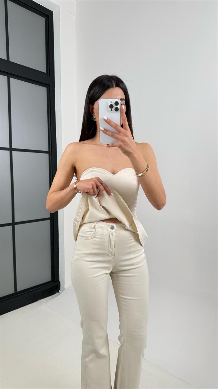 Taş Flare Jean Straplez Crop Volanlı Tasarım Takım Gaus00400