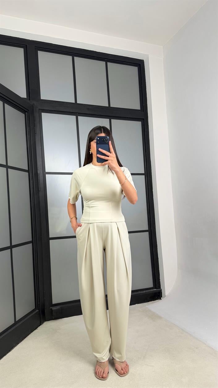 Taş Üst Beli Lastikli Pantolon Diagonel Kumaş Takım GAUS-01306