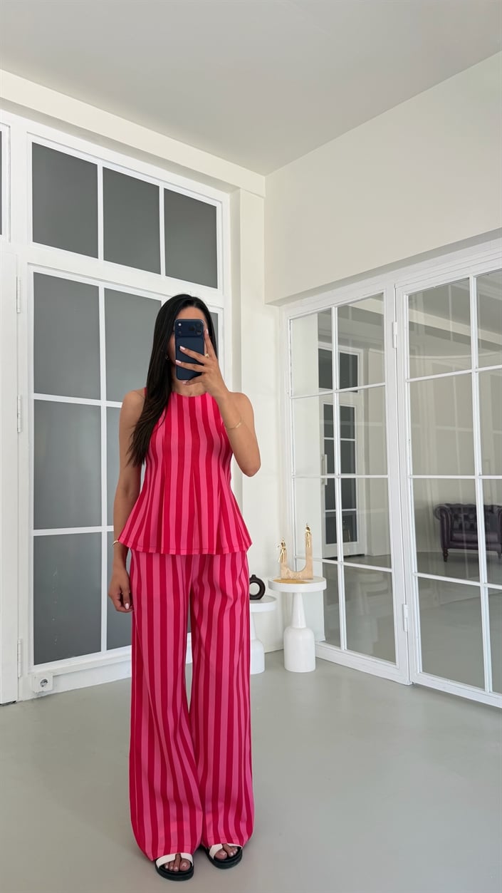Pembe Kırmızı Çizgili Bluz Beli Lastikli Pantolon Çizgili Premium Takım GAUS-01740