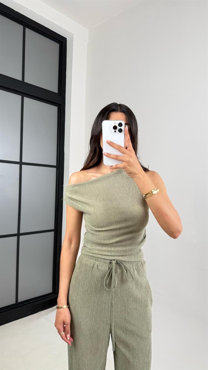 Yeşil Bluz Beli Lastikli Pantolon Bürümcük Takım Gaus00532