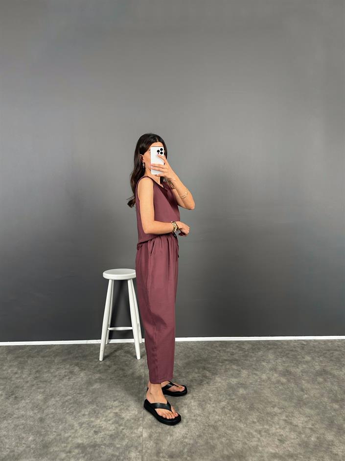 Viro Bordo İthal Kumaş Harem Pantolon Bluz İkili Takım