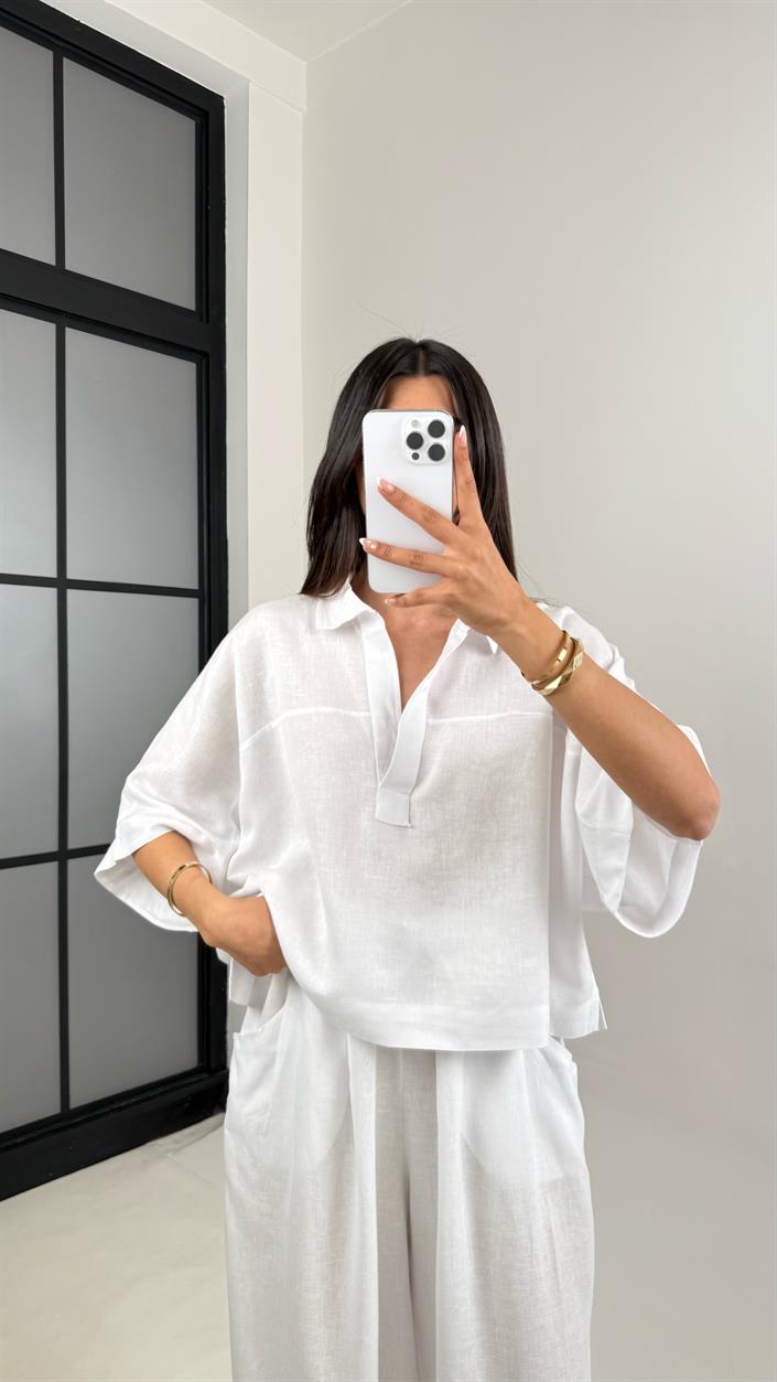 Beyaz Polo Yaka Yarasa Kol Bluz Şalvar Pantolon Md Muadil Premium Keten Takım Gaus00542