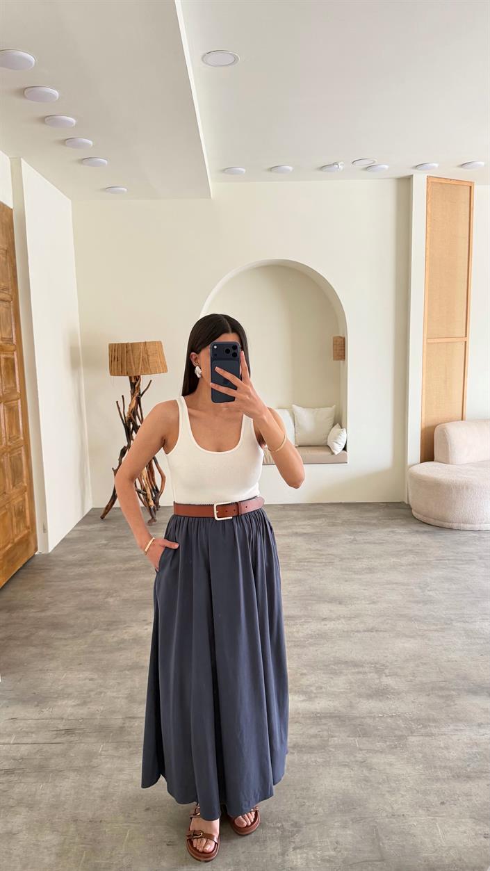 Lacivert Beli Lastikli Tencel Etek GAUS-01321