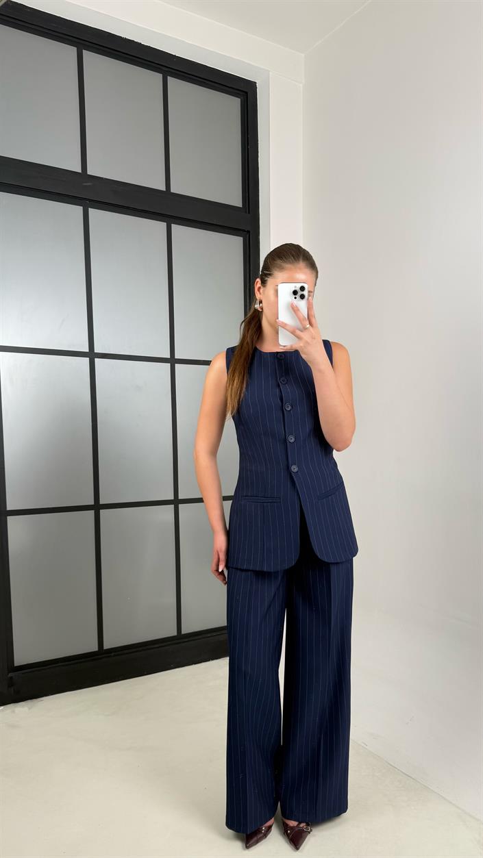 Lacivert Çizgili Yelek Pantolon Kumaş Takım GAUS-00495