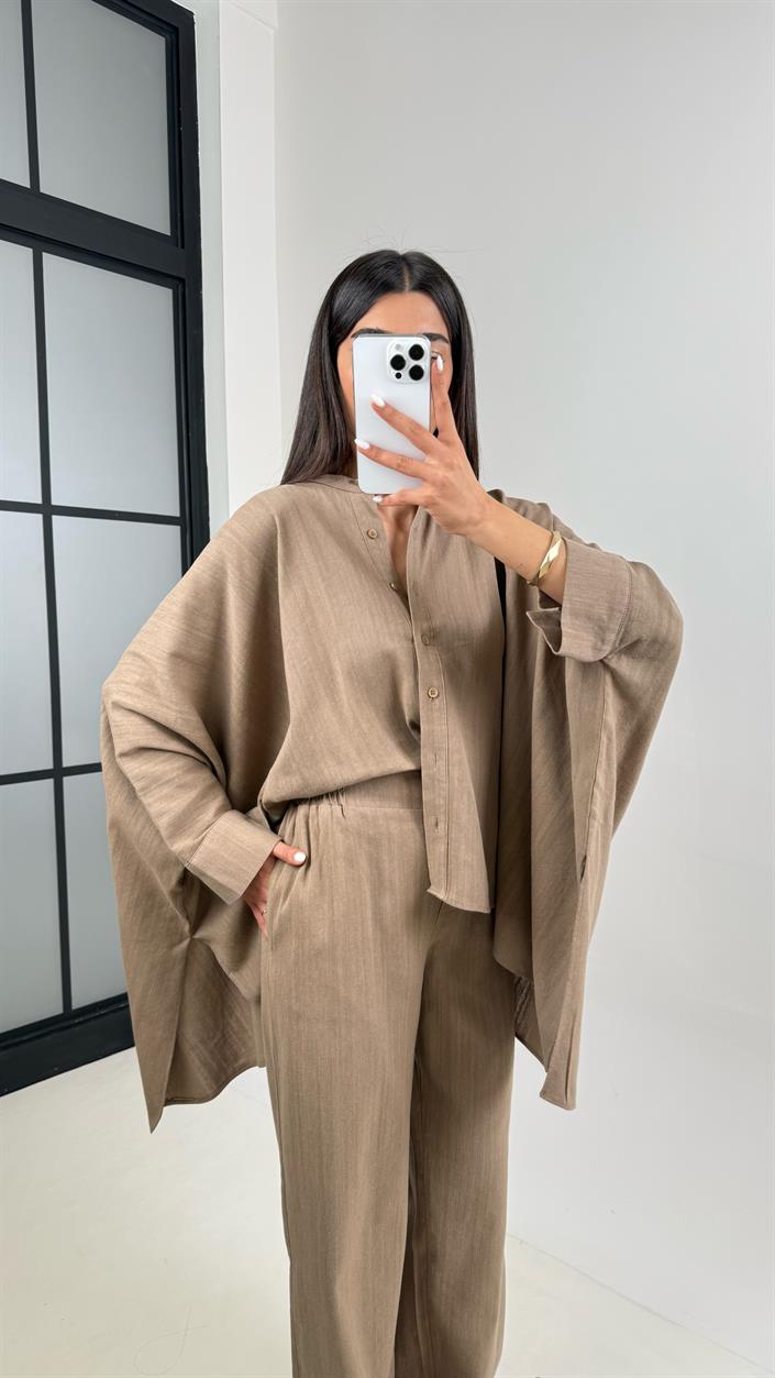 Kahve Önü Düğmeli Yarasa Kol Gömlek Beli Lastikli Cepli Pantolon Keten Takım Gaus00408