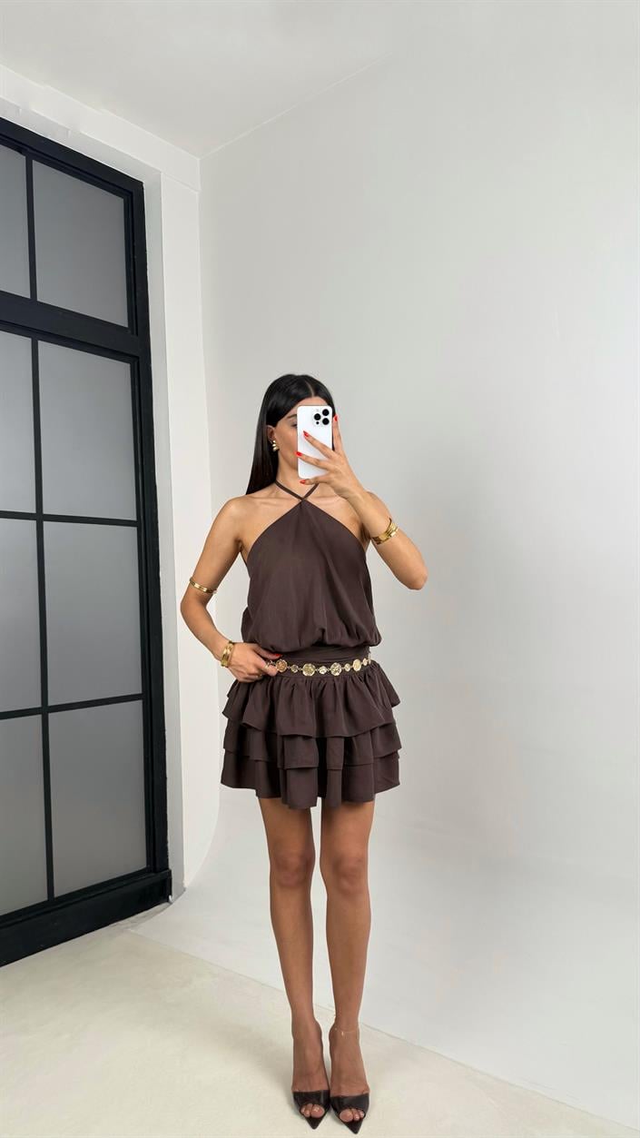 Kahve Boyundan Bağlamalı Katlı Tasarım Mini Elbise GAUS-0040