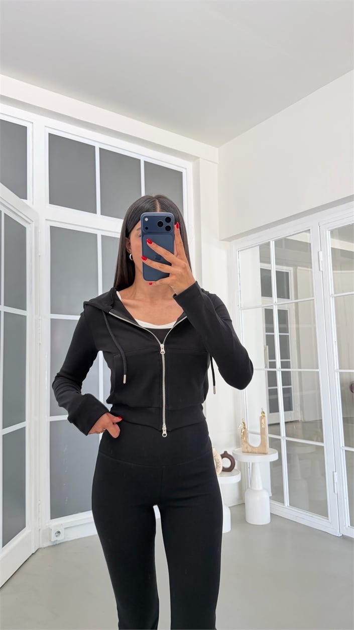 Siyah Hırka Crop Beli Lastikli Pantolon 3lü Basic Takım GAUS-01889