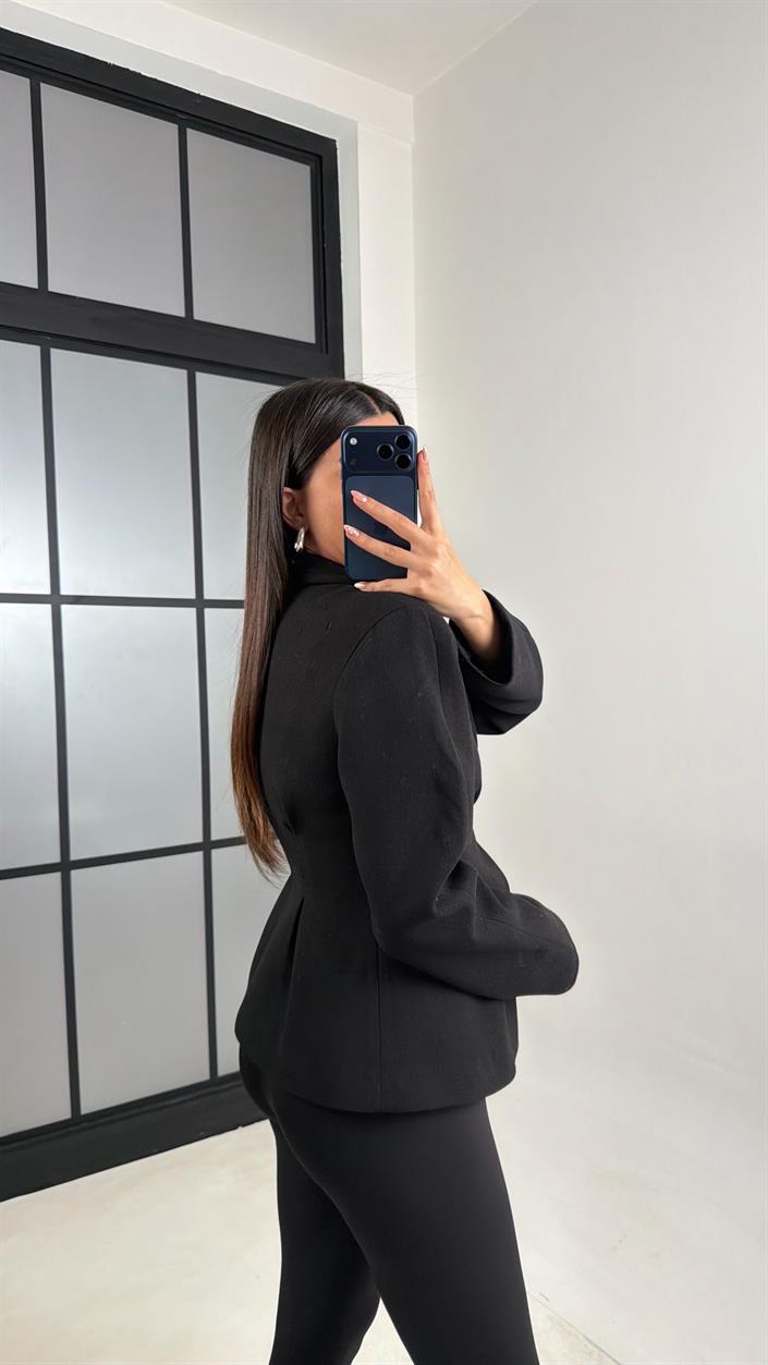 Siyah Astarlı Belden Oturtmalı Premium Kaşe Ceket GAUS-00773