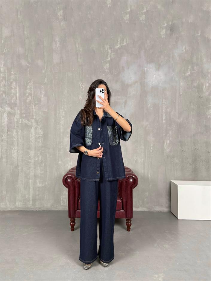 Lacivert Cep Taş İşlemeli Gömlek Pantolon Denim Takım Gaus00037