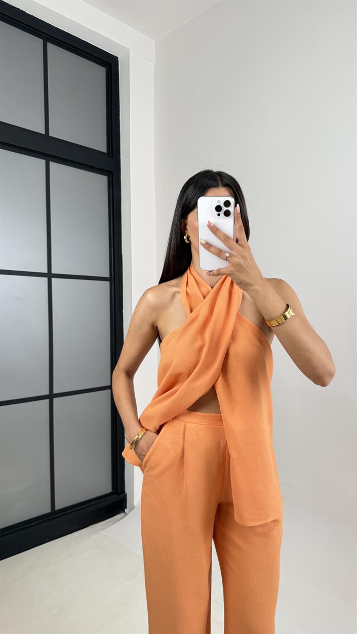 Somon Boyundan Bağlamalı Bluz Cepli Pantolon Tasarım Keten Takım Gaus00667