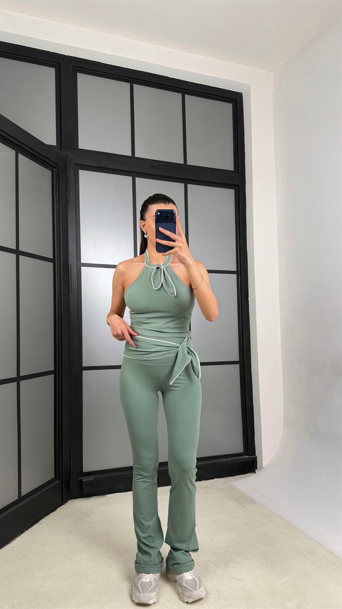 Soft Yeşil OYS Model Fiyonk Detaylı Crop Tayt Takım GAUS-01407