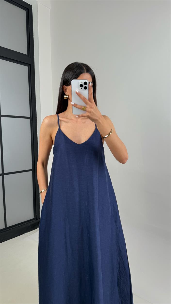 Lacivert Askılı Astarlı Cepli Tencel Elbise Gaus00449