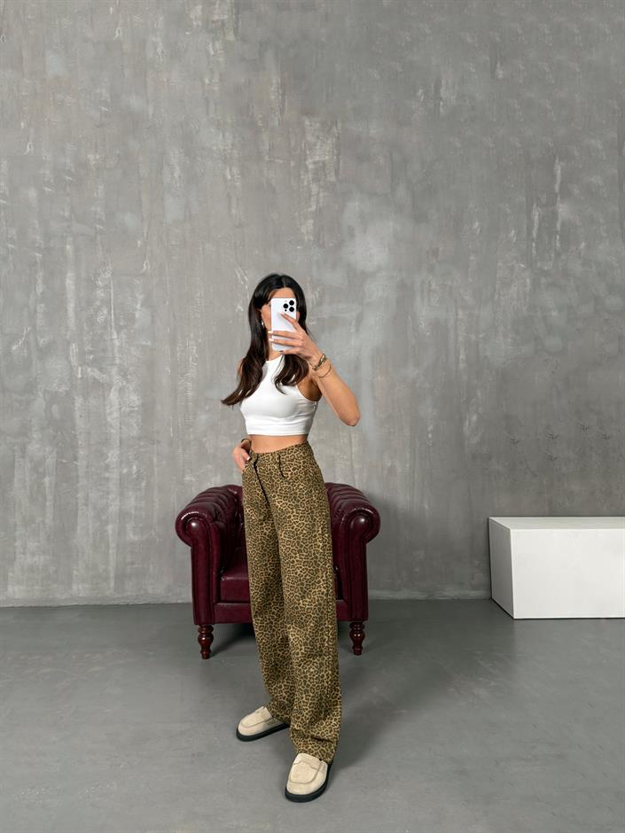 Leopar Desenli Gabardin Pantolon
