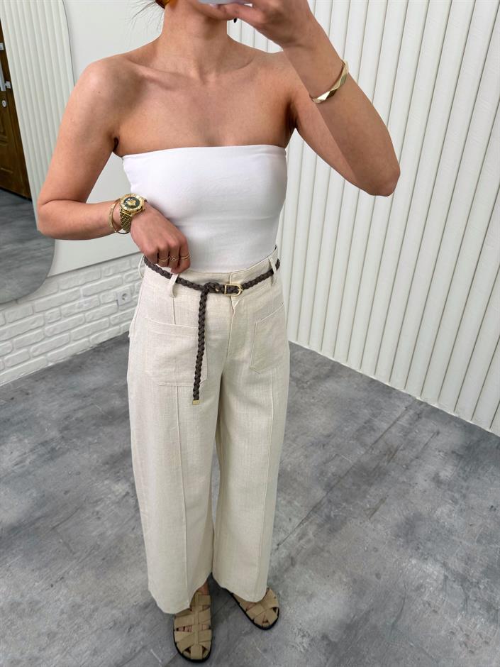 Taş Örgü Kemerli Cepli Keten Pantolon Gaus00332