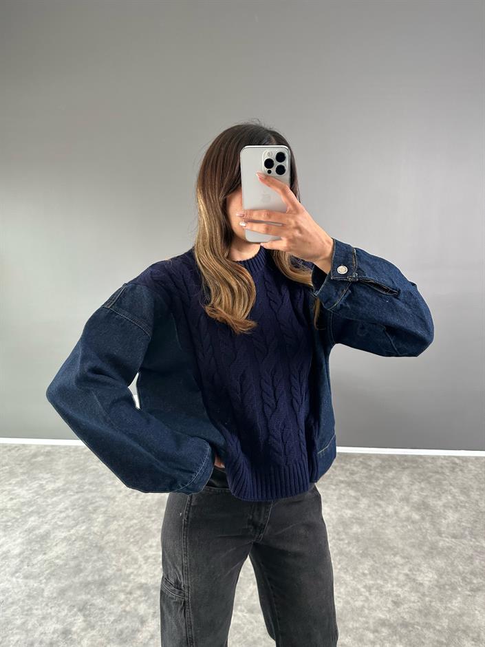 Muadil Lacivert Örme Denim Detaylı Kazak 