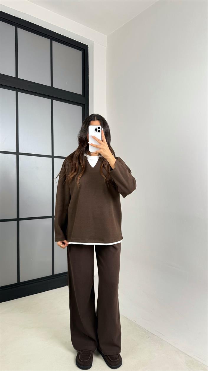 Kahve Tshirt Detaylı Kazak Beli Lastikli Pantolon İkili Triko Takım GAUS-00485