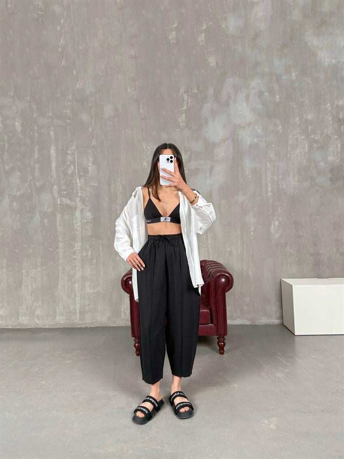 Orfi Siyah Çımalı Tensel Şalvar Pantolon