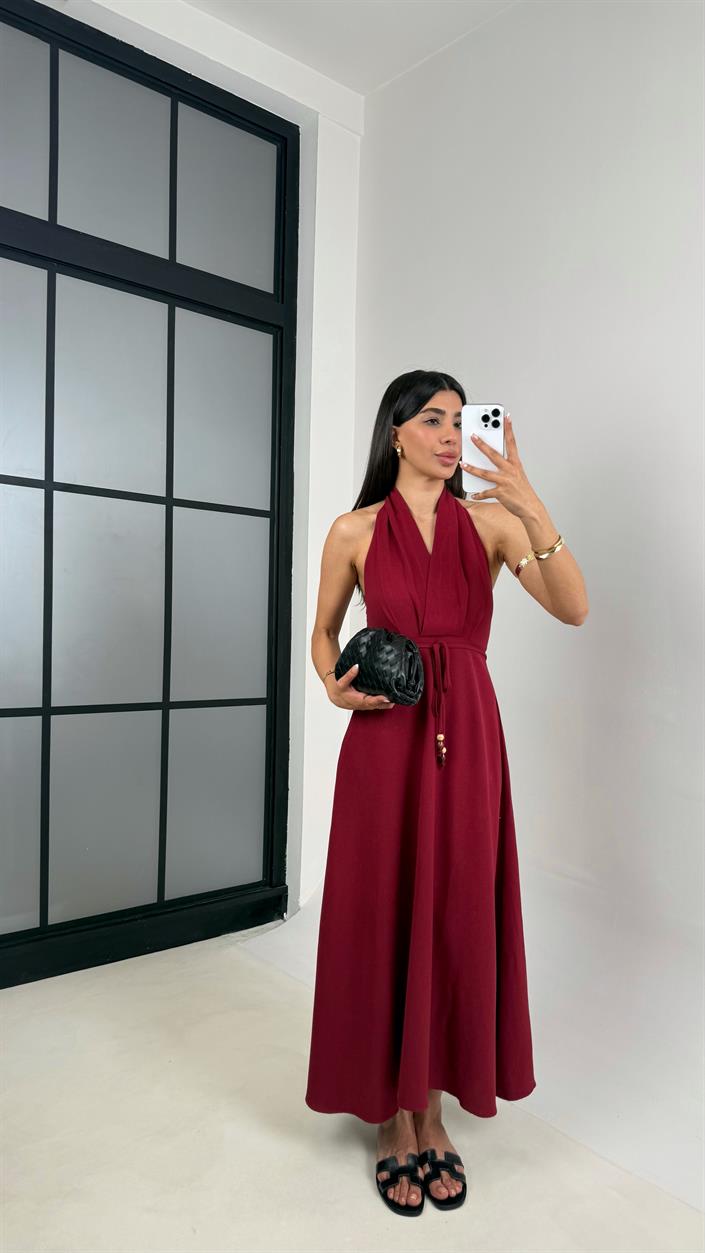 Bordo V Yaka Kuşaklı Boyundan Askılı Keten Elbise Gaus00541
