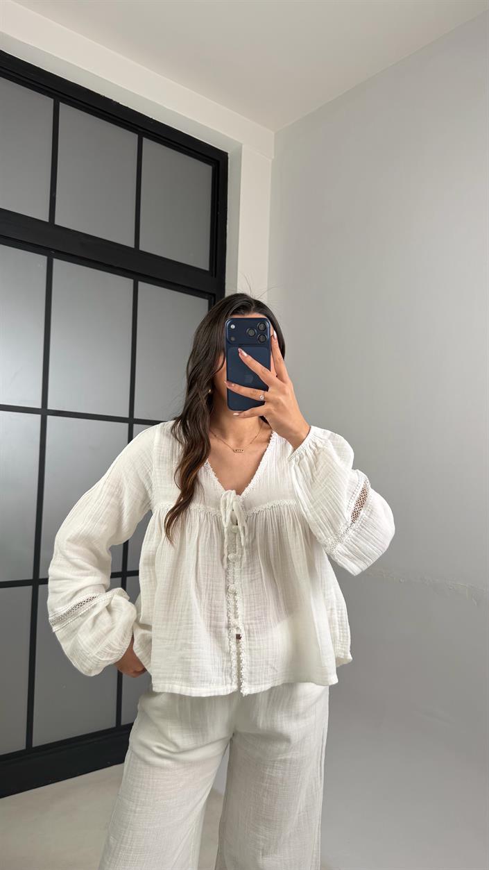 Ekru İşlemeli Müslin Bluz GAUS-01151
