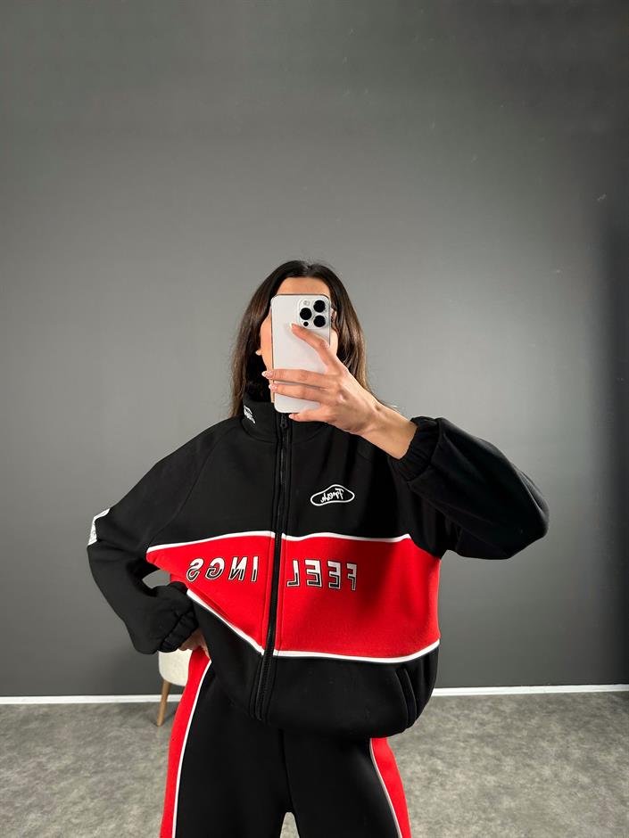 Carter Kırmızı Blok Renkli Fermuarlı Sweatshirt İkili Takım 