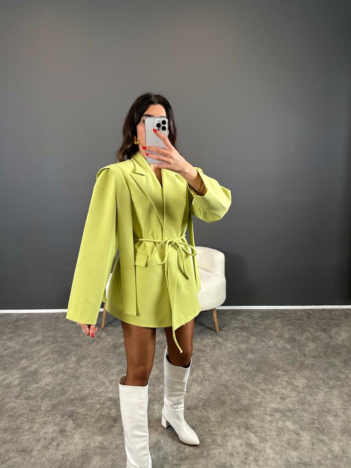 Marisol Premium Yeşil Bağlamalı Astarlı Blazer Ceket