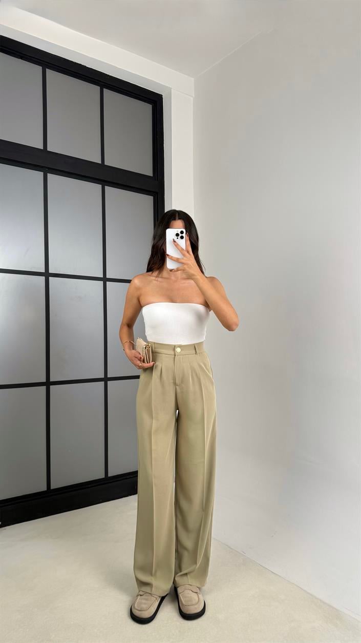 Yeşil Gold Düğmeli Beli Lastikli Premium Pantolon GAUS-00141