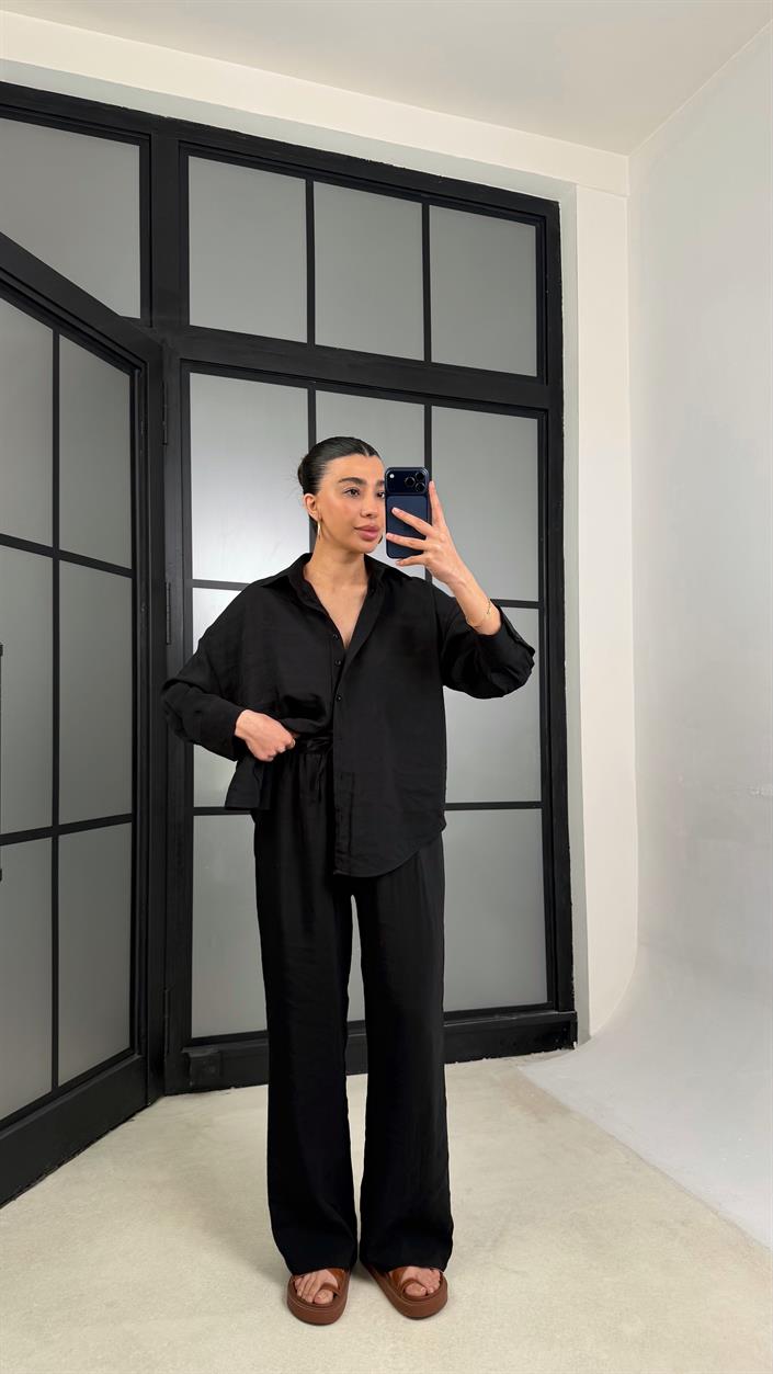 Siyah MD Muadil Gömlek Beli Lastikli Pantolon Tencel Takım GAUS-01278