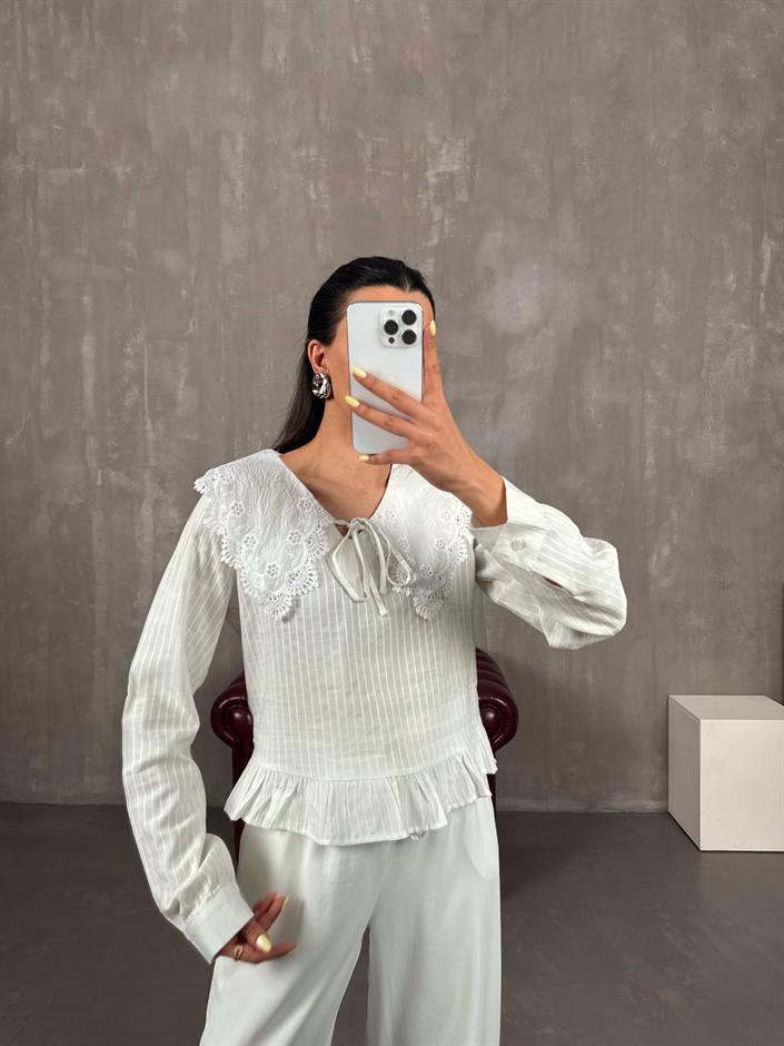 Beyaz Yaka Fisto İşlemeli Pinterest Gömlek Gaus00108