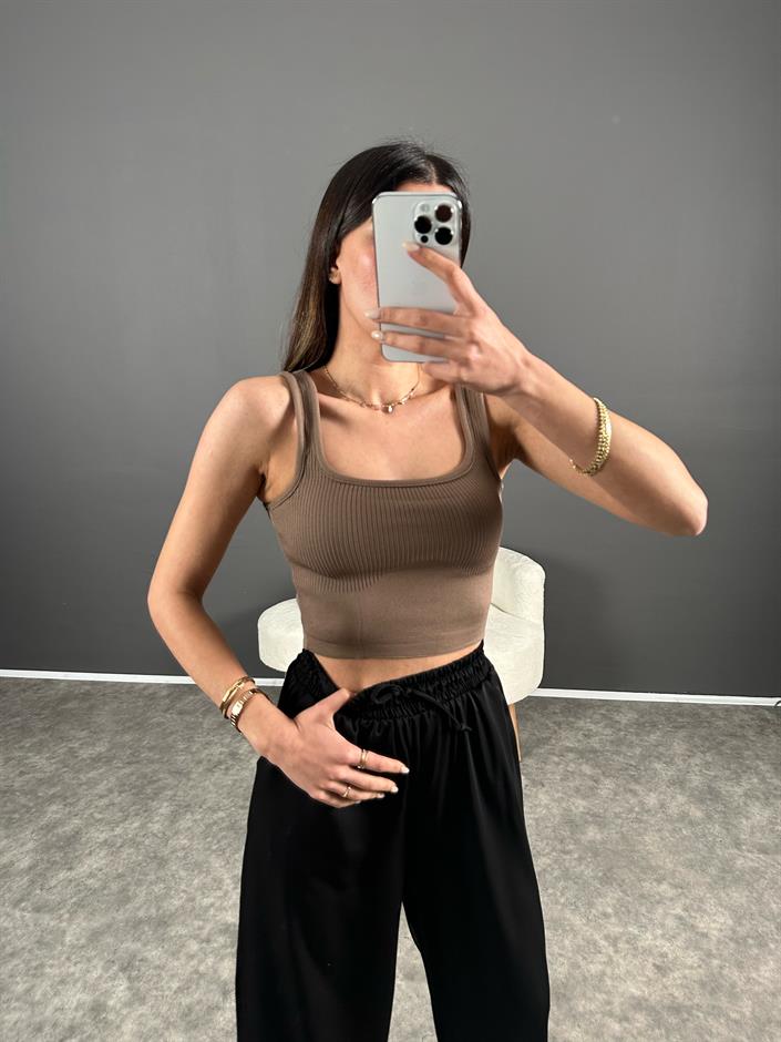 Kahve Triko Crop Atlet