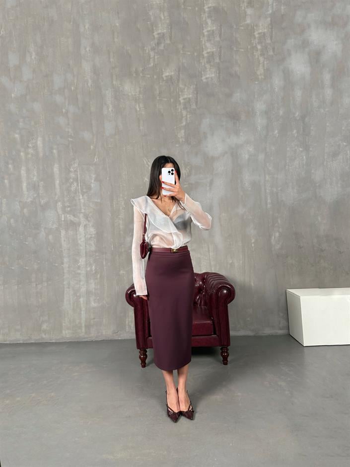 Nalya Bordo ZR Model Yırtmaçlı Kalem Etek