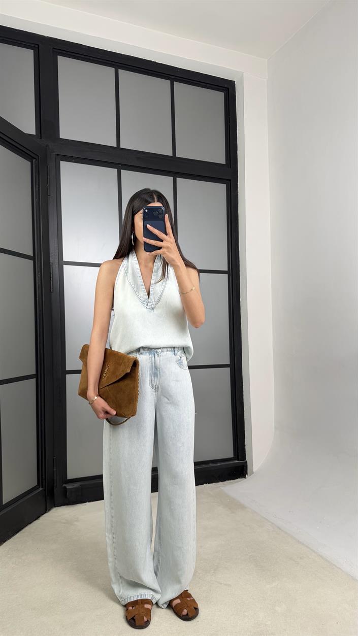 Buz Mavi Halter Yaka Tencel Denim Takım GAUS-01520
