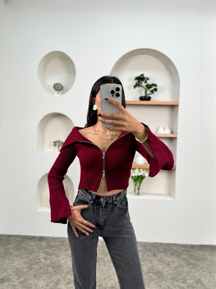 Brook Bordo Fitilli Fermuarlı Crop Hırka